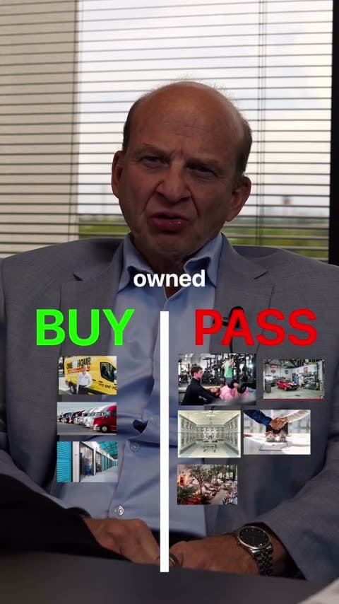 A 2 Column video built by Jupitrr: businesses sorted into Buy and Pass columns as the speaker names them.